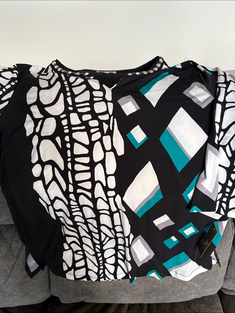 JM Collection Black Geometric Print Tunic with Teal and White Accents